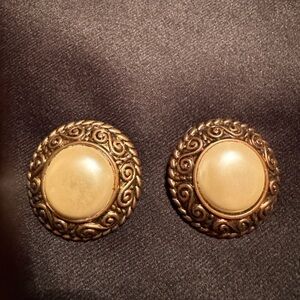 Vintage Clip On Earrings Antique Bronze Color With Faux Pearl Center